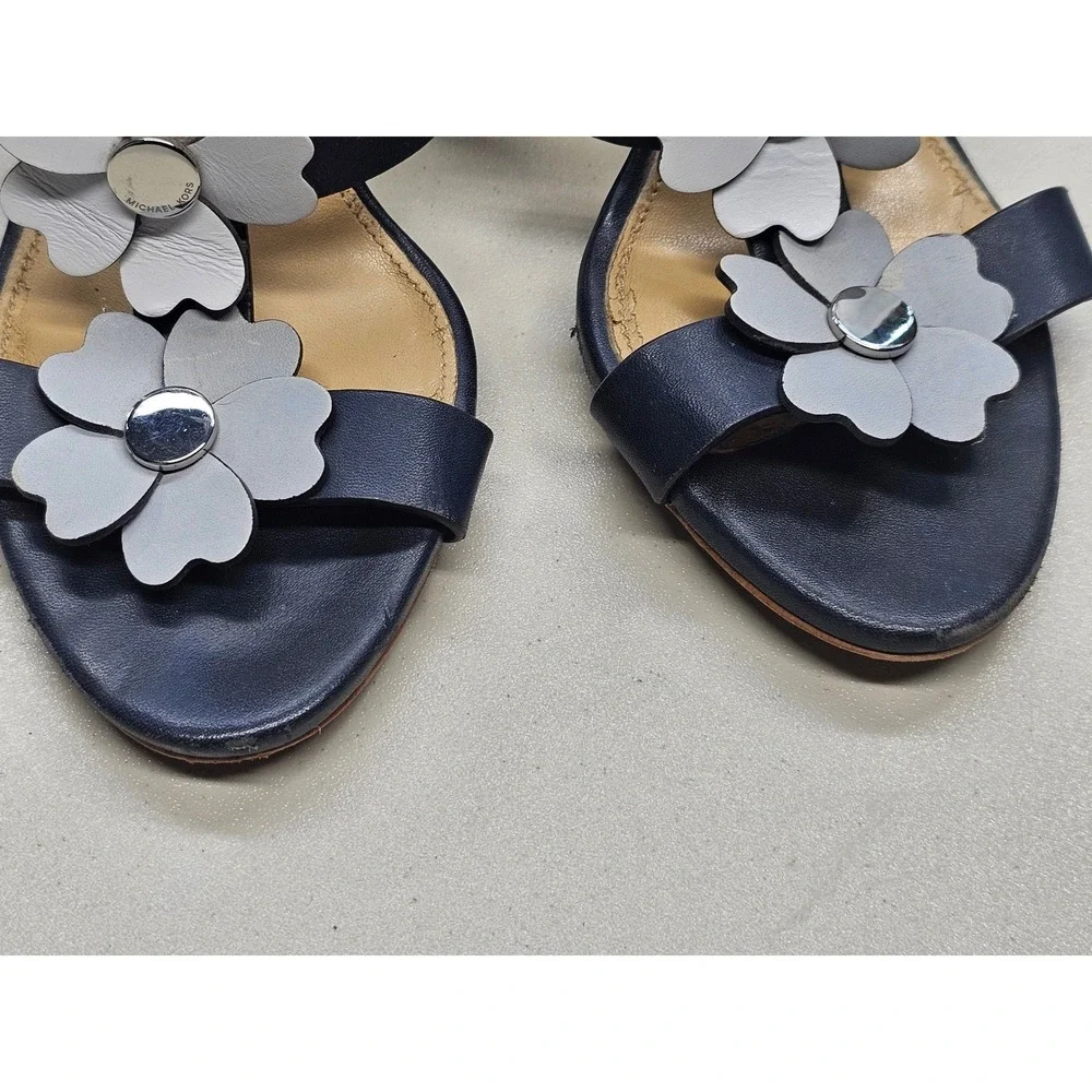 Michael Kors Navy Blue Leather Floral Applique‎ Block Heel Sandals SH16L 9.5M